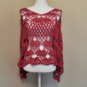 Handmade Lacy Poncho, Summer Wrap, Crochet Poncho, Summer Coverup Red Dark Pink